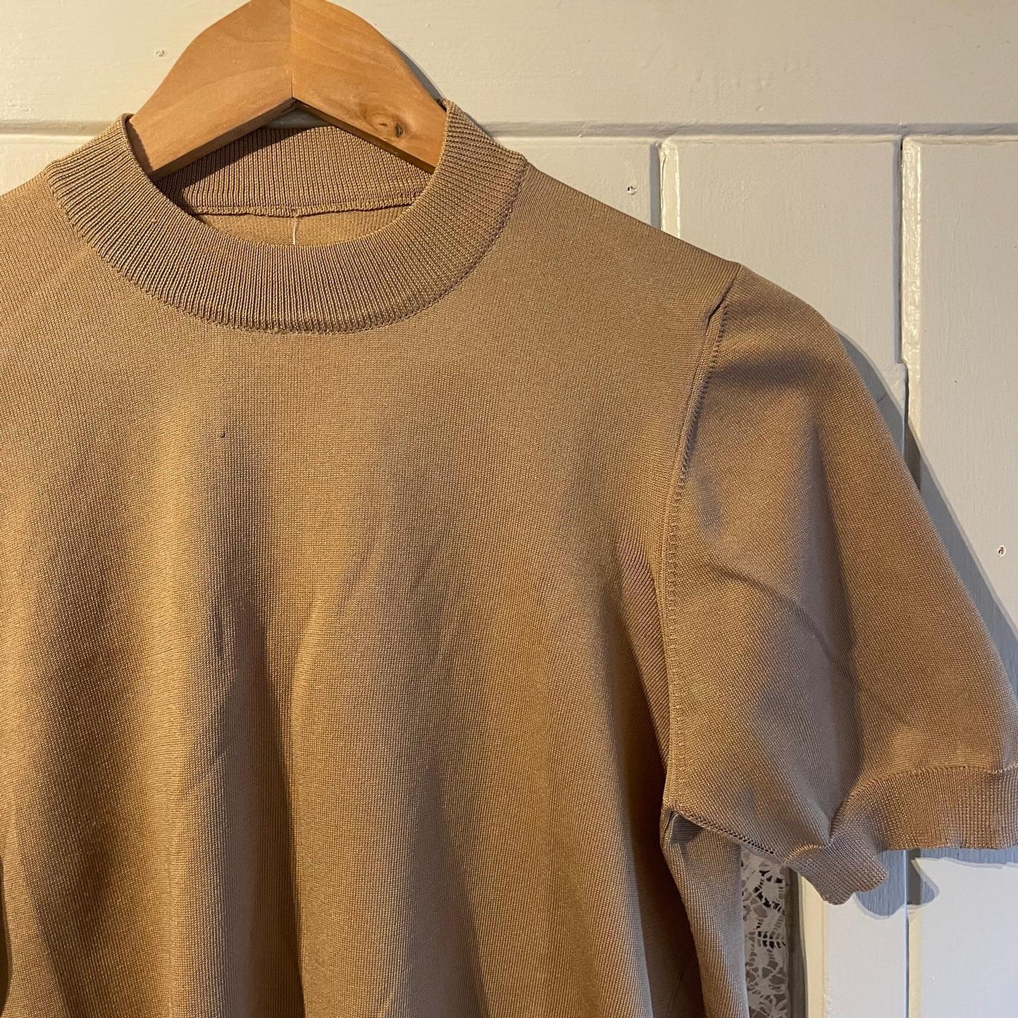 1970s Beige Italian Short Sleeved Knitted Mock Neck T-Shirt Top