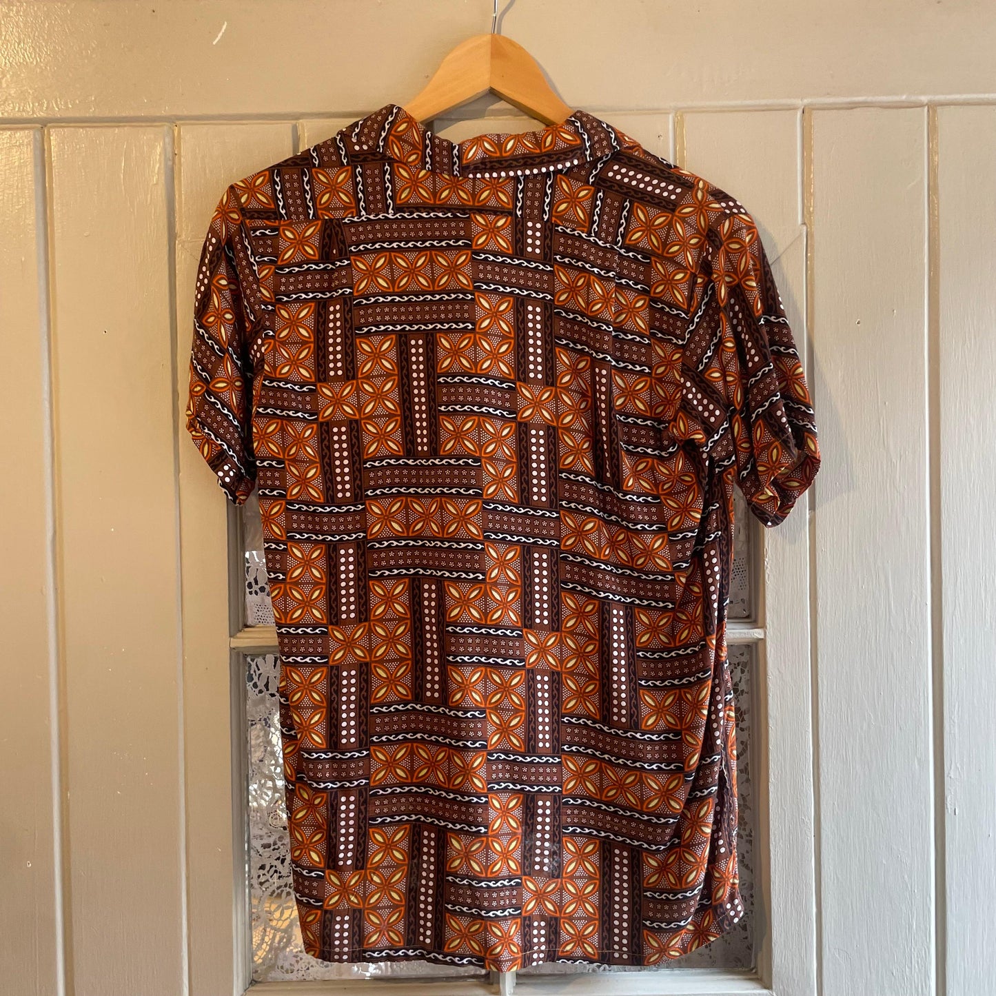 1960s Brown Patterned Rayon Button Shirt