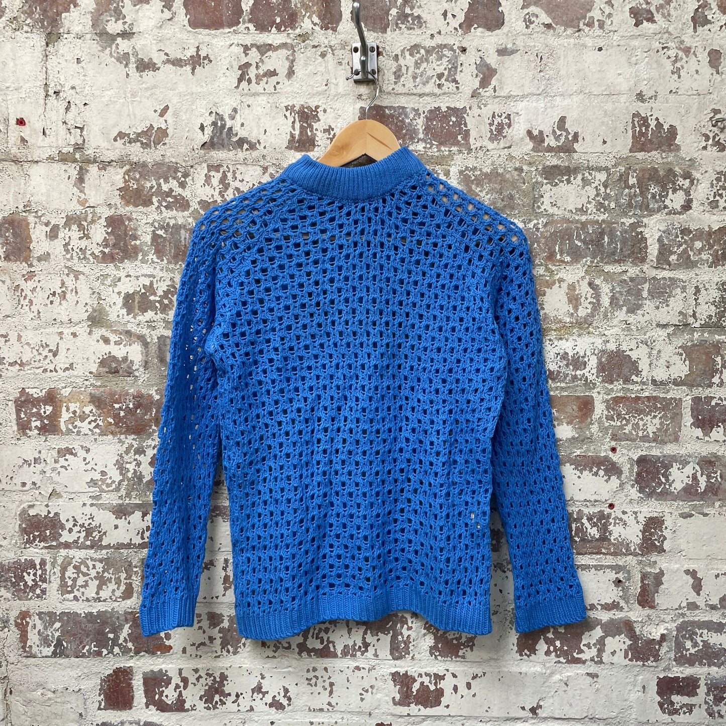Vintage 1970s 1980s Blue Knitted Crocket Long Sleeve Jumper