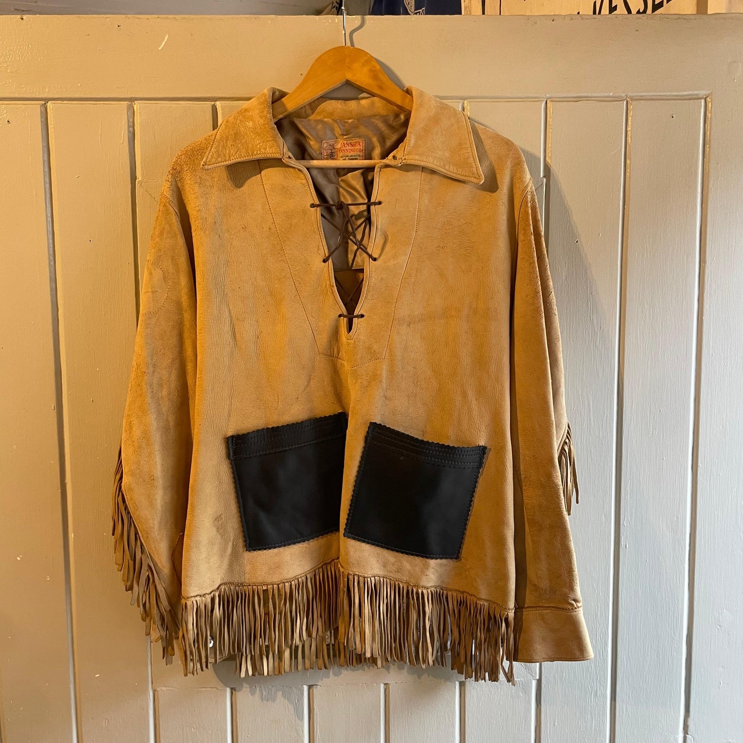 1950s Beige Fringe Leather Western Pullover Jacket Smock