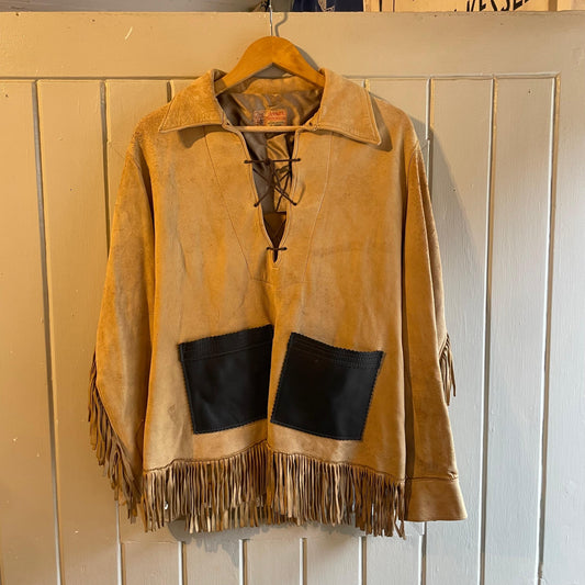 1950s Beige Fringe Leather Western Pullover Jacket Smock