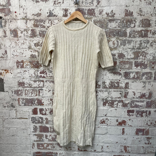 Vintage 1970s 1980s Cream Ribbed Knitted Dress