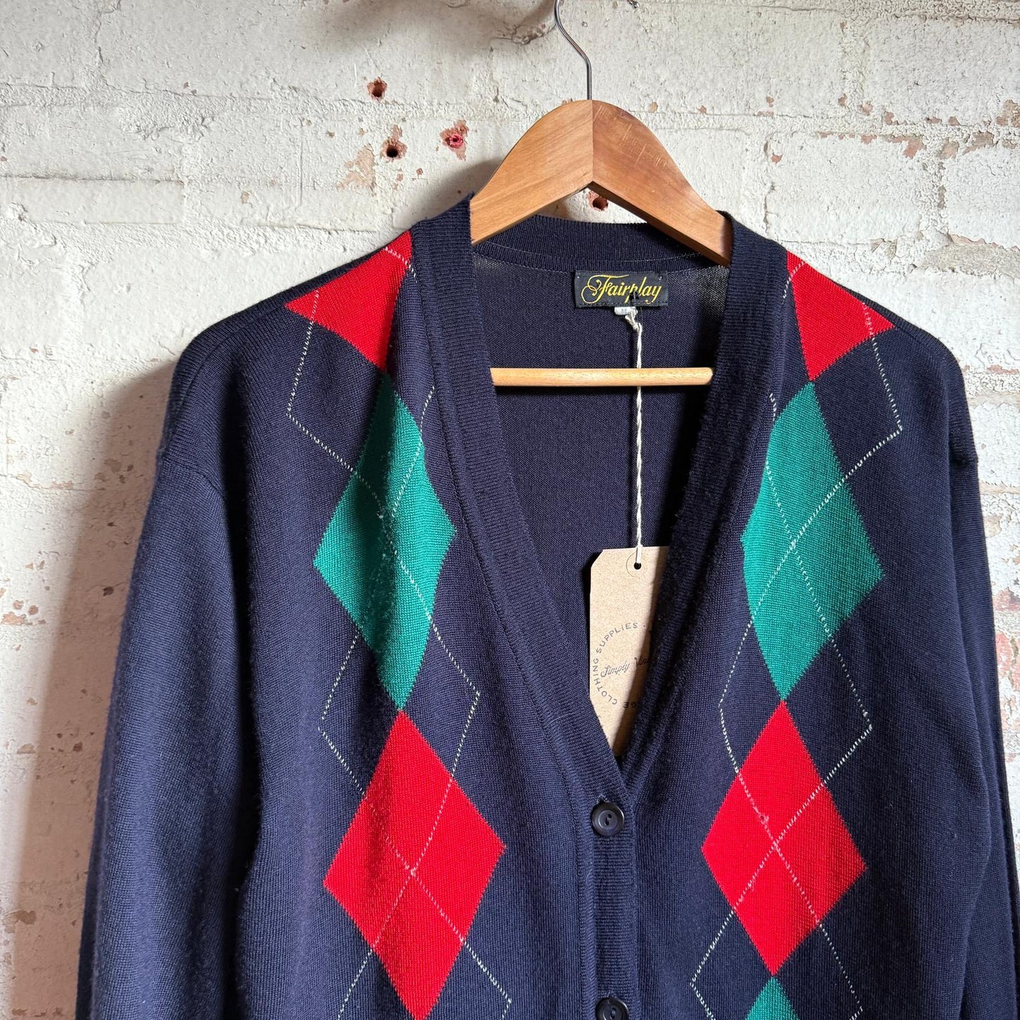 1980s Navy Argyle Knitted Cardigan Jumper