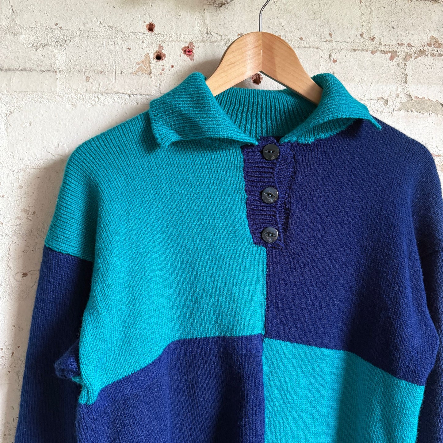 1980s Navy and Turquoise Knitted Button Jumper