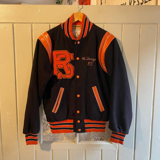 1980s Black and Orange Wool Varsity College Bomber Jacket