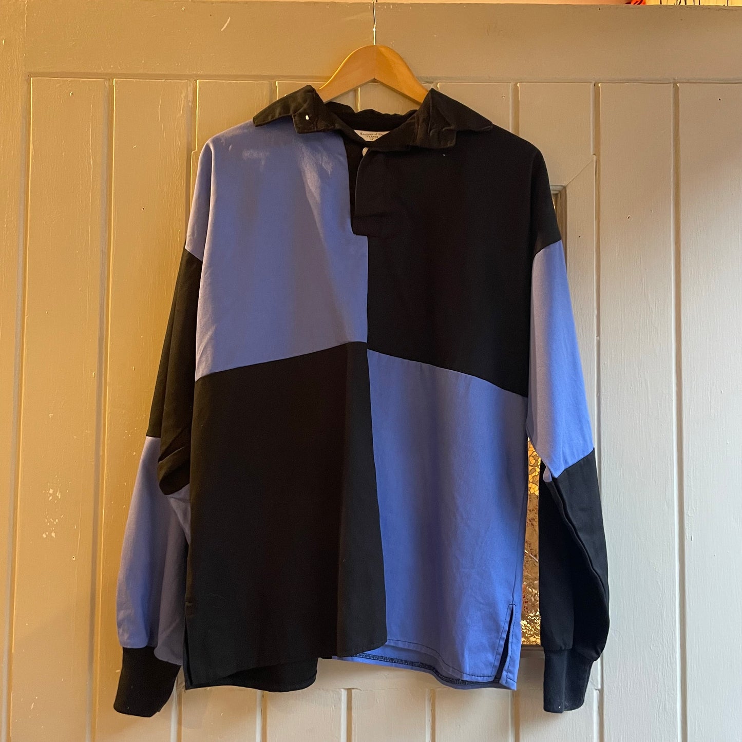 1980s Blue and Black Hockey Check Panel Tailored Rugby Shirt