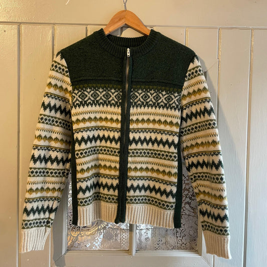1970s Green Patterned Zip-up Jumper