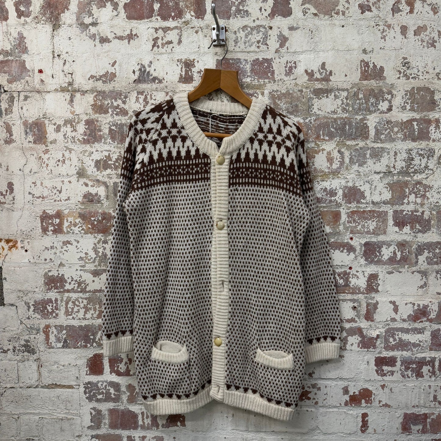 1980s Norwegian Button Up Knit Patterned Jumper