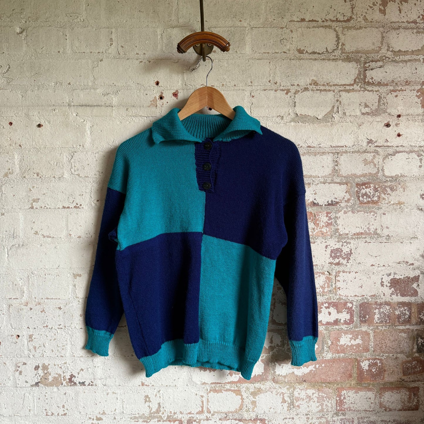 1980s Navy and Turquoise Knitted Button Jumper
