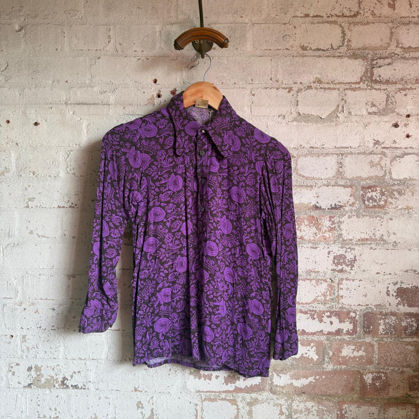 1970s Rayon Purple Graphic Loop Collar Shirt
