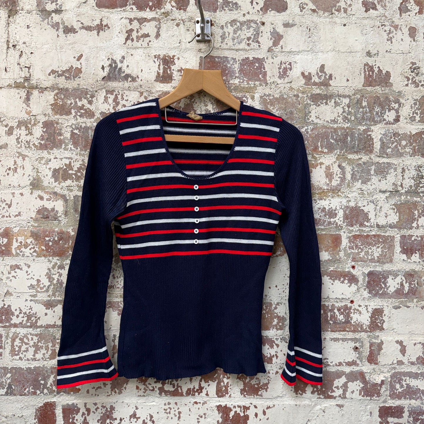 1970s Navy Striped Knitted Long Sleeve Top