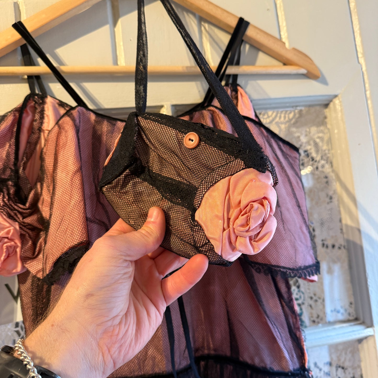 1930s 1940s Pink Netting Evening Dress with bag