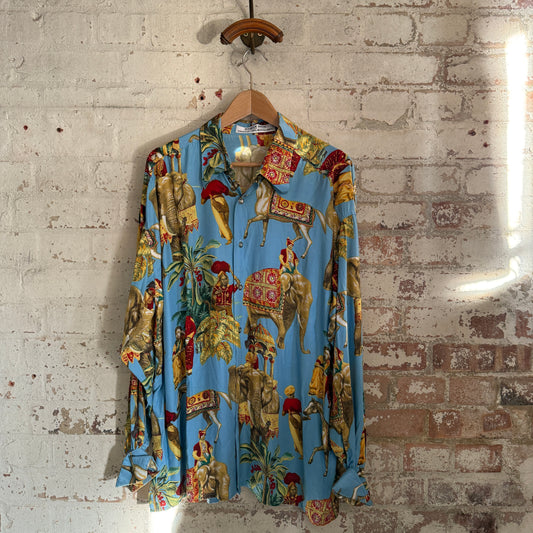 1990s Blue Patterned Maurice Emde Silk Shirt