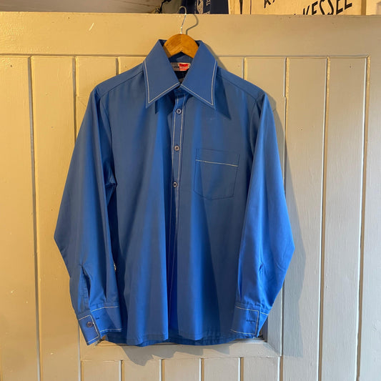 1970s Blue Cotton Dagger Collar Button Shirt