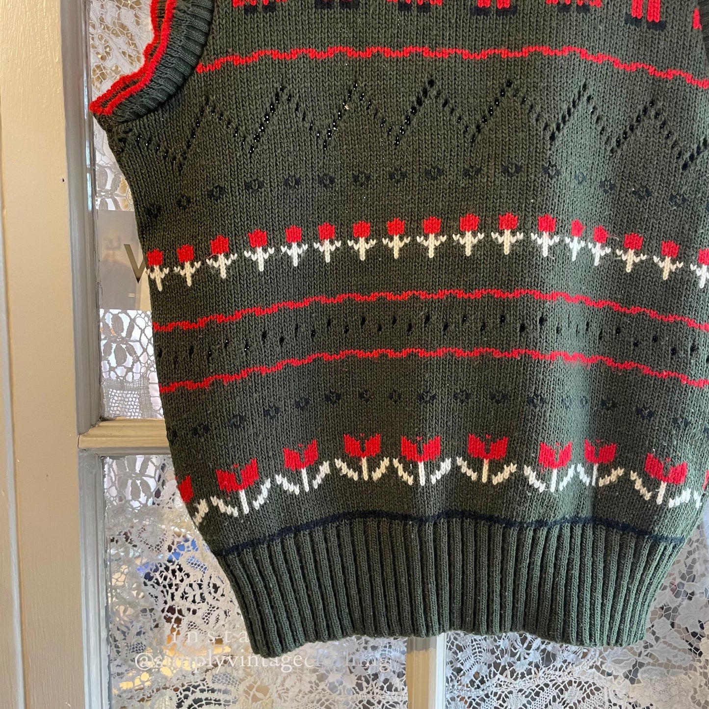 1970s Dark Green Graphic Print Knitted Tank Top