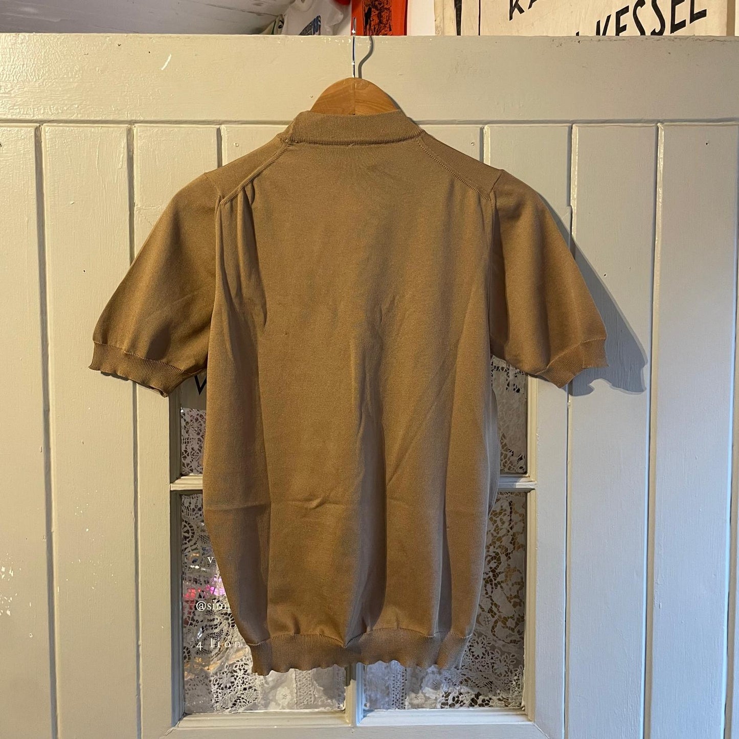 1970s Beige Italian Short Sleeved Knitted Mock Neck T-Shirt Top