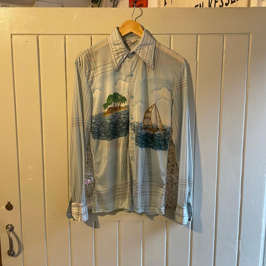 1970s Grey American Graphic Collared Shirt