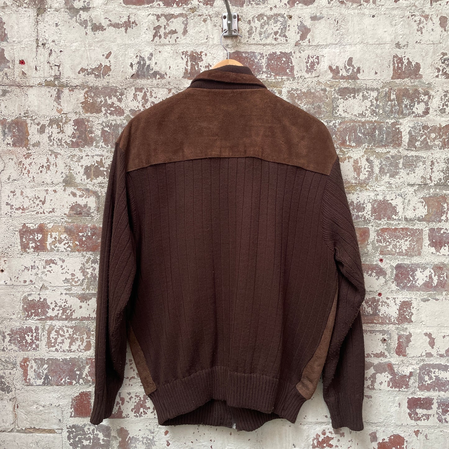 Vintage 1970s 1980s Brown Suede Leather Knitted Cardigan Jumper