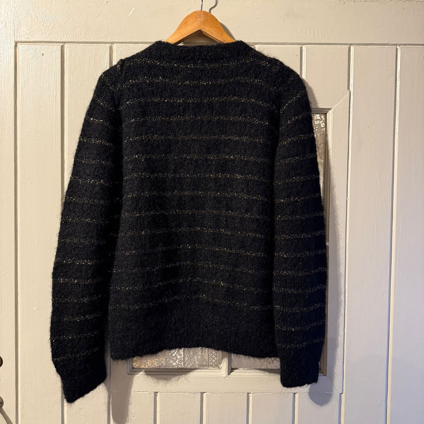 1970s Black Mohair Knitted Striped Cardigan Jumper