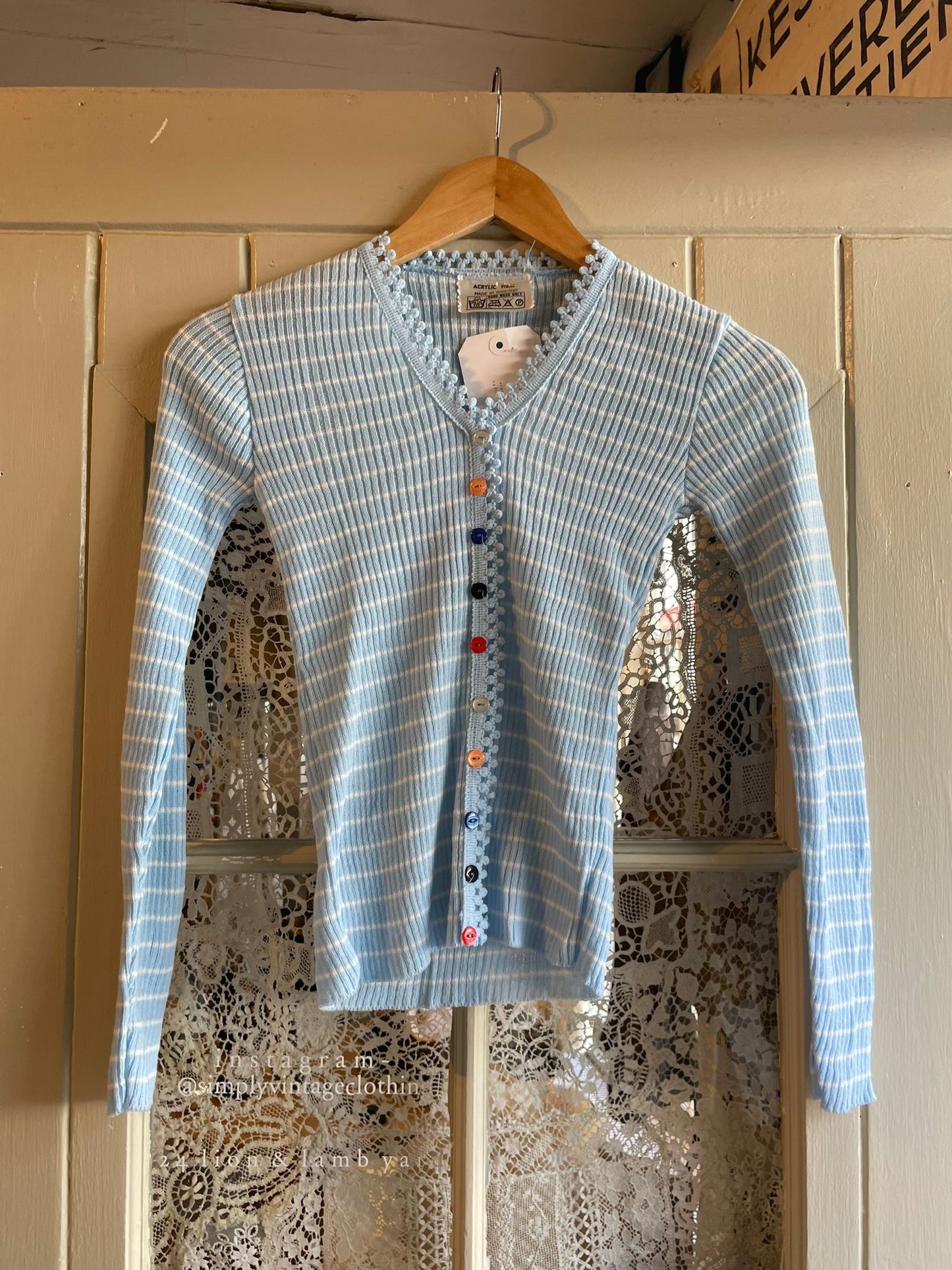 1970s Blue Striped Knitted Button Long Sleeve Top
