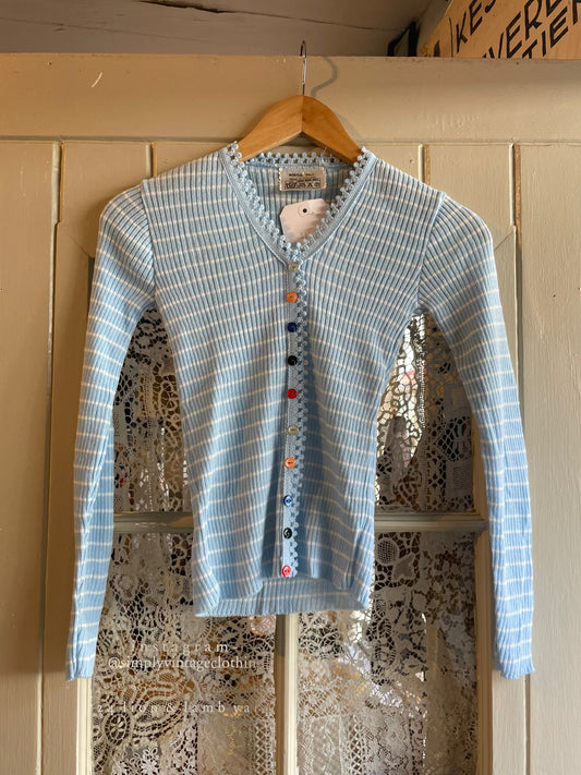 1970s Blue Striped Knitted Button Long Sleeve Top