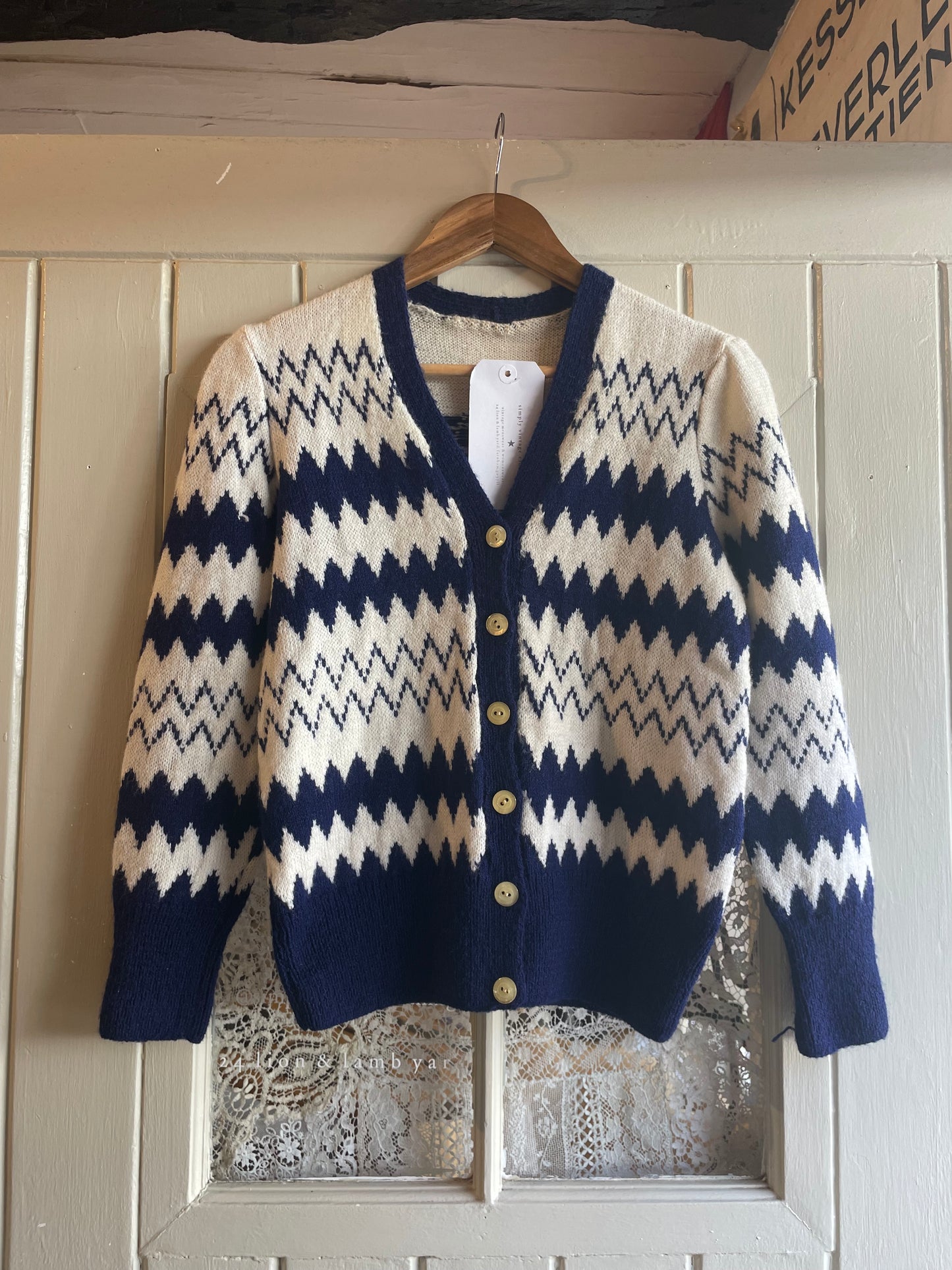 1970s White and Blue Hand Knitted Cardigan Jumper