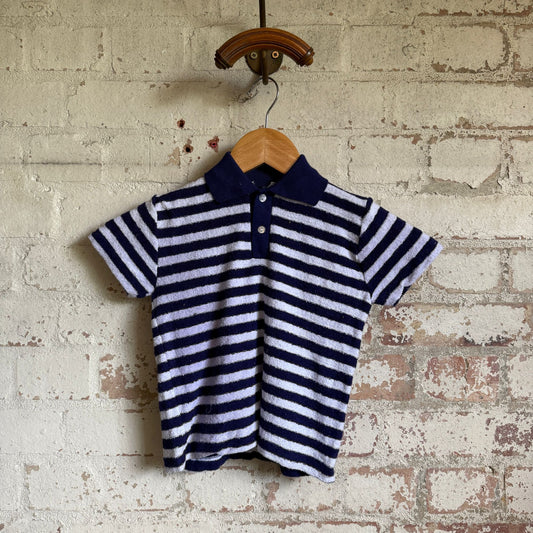 1970s Navy and White Stripe Towelling Polo Shirt Top
