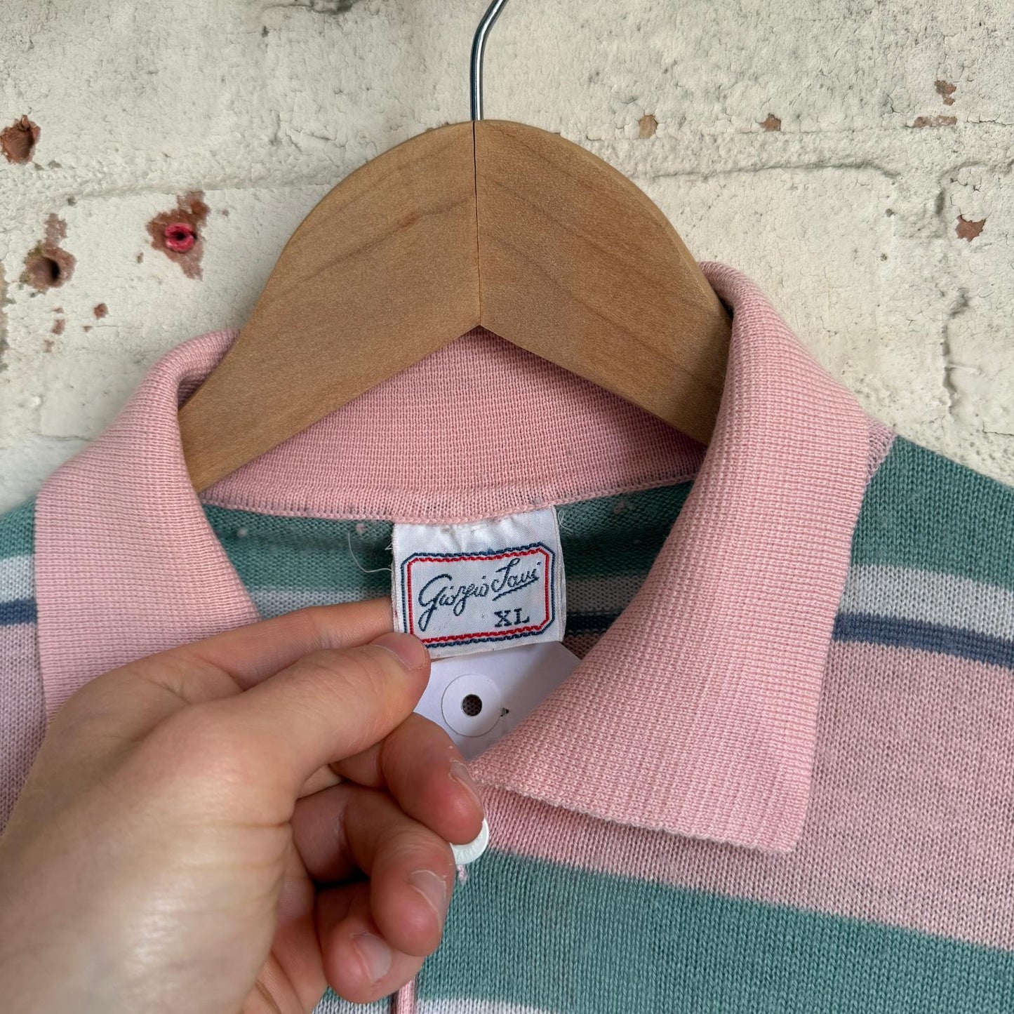 1980s Pink and Green Striped Polo Shirt Long Sleeve