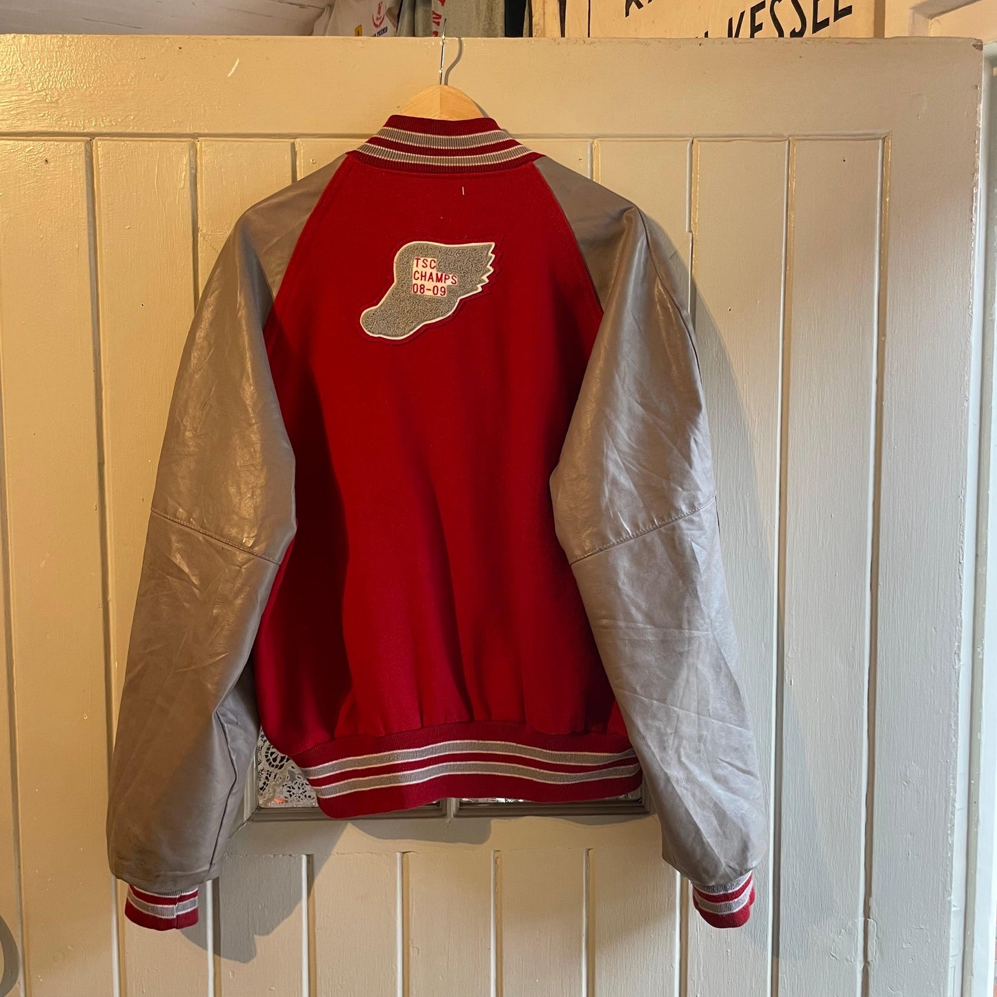 1980s Red and Grey Wool Leather Varsity Bomber Jacket