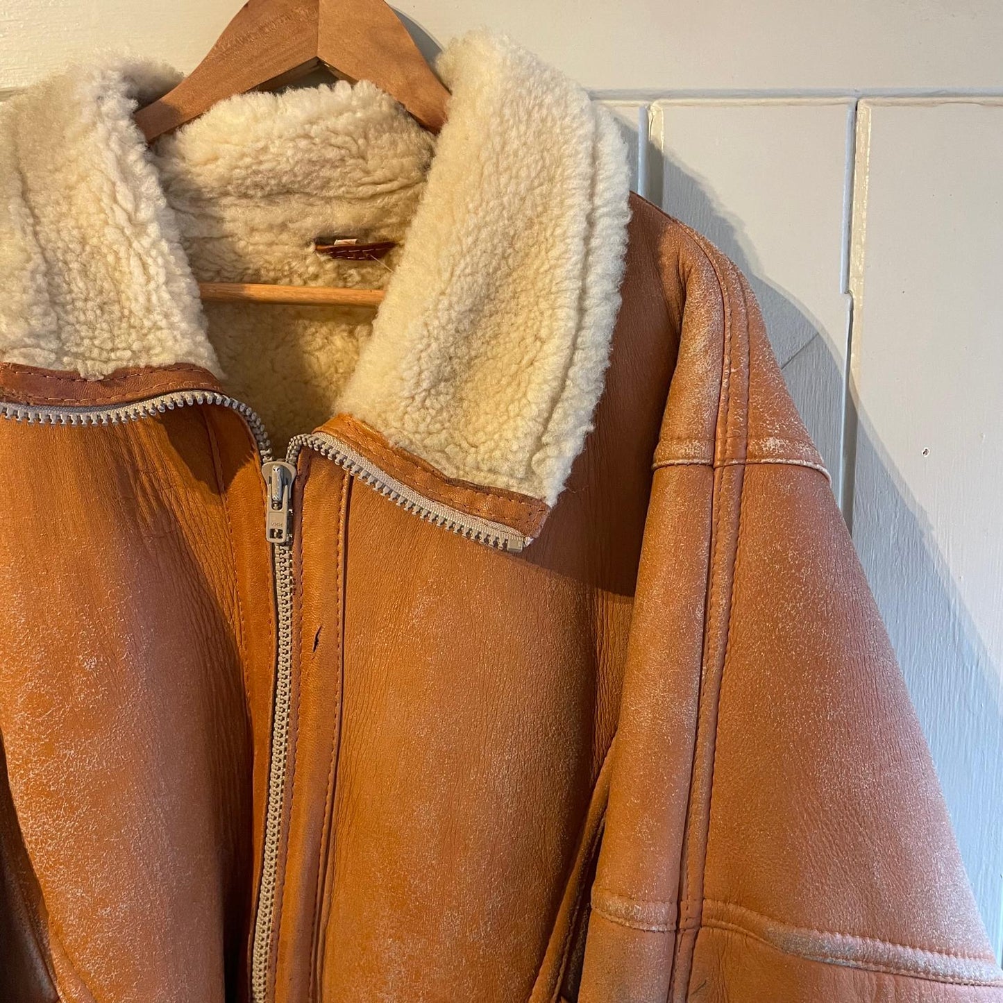 1970s Orange Leather Shearling Flight Bomber Coat