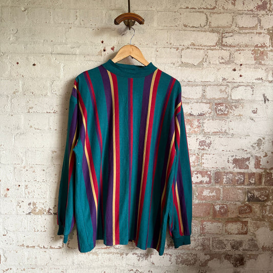 1980s Multicoloured Mock Neck Stripe Top