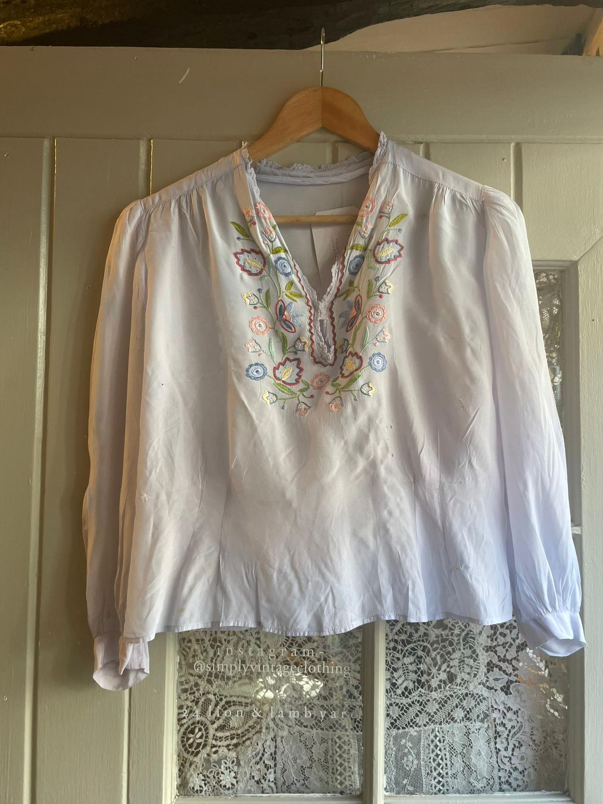 1940s White Embroidered Boohoo Blouse Shirt