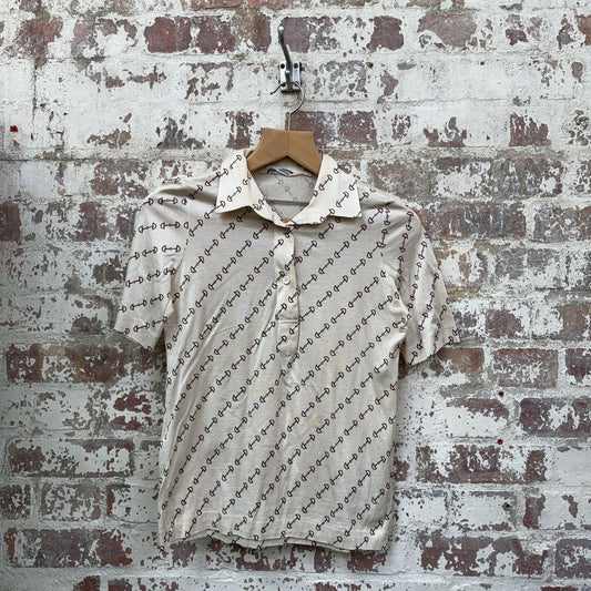 1970s Beige Patterned Polo Shirt Top