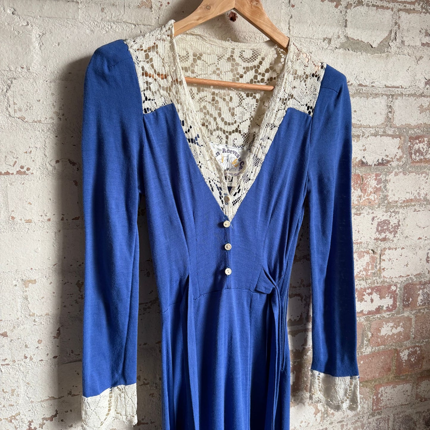 1970s Blue Ann Reeves Cotton Embroidered Button Long Dress