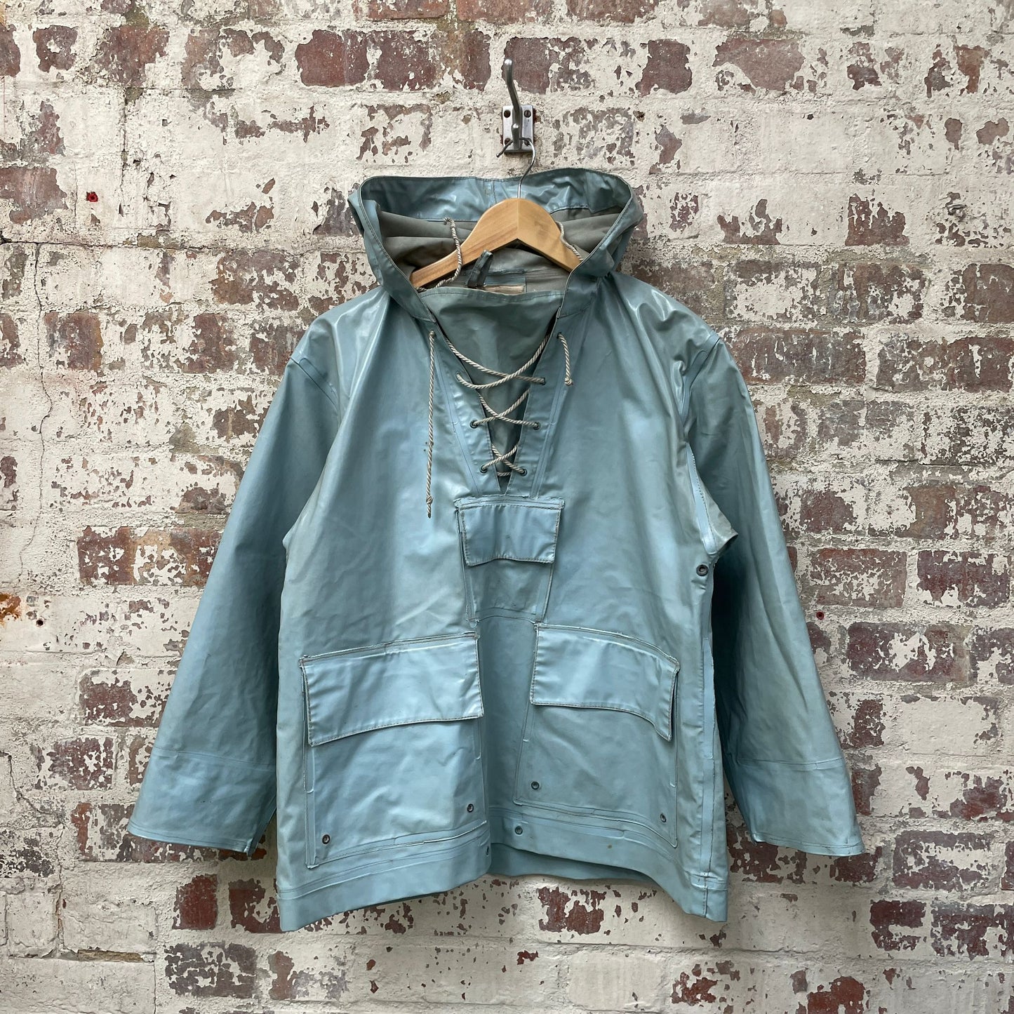 Vintage 1950s 1960s Blue PVC Fisherman Smock Jacket