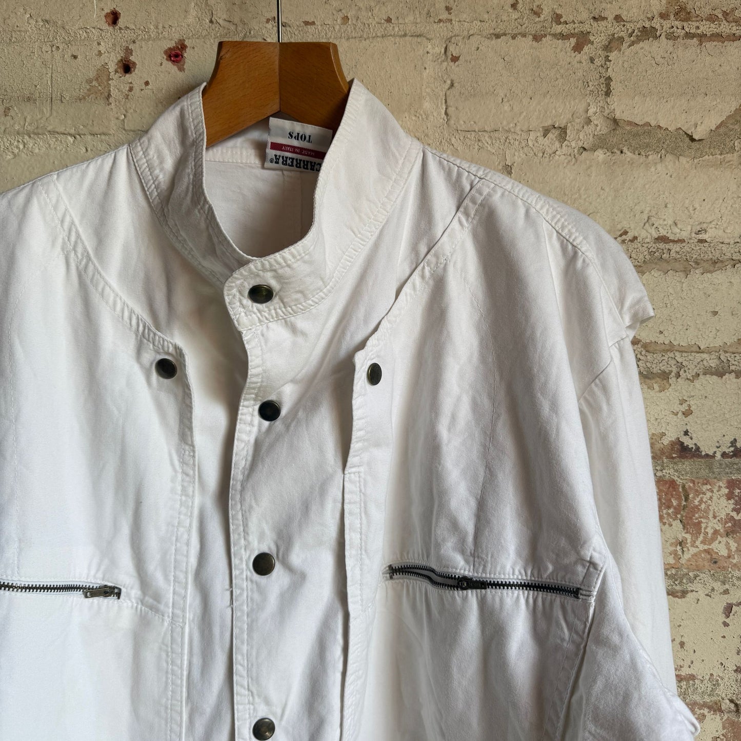 1980s White Zip Cotton Carrera Design Jacket