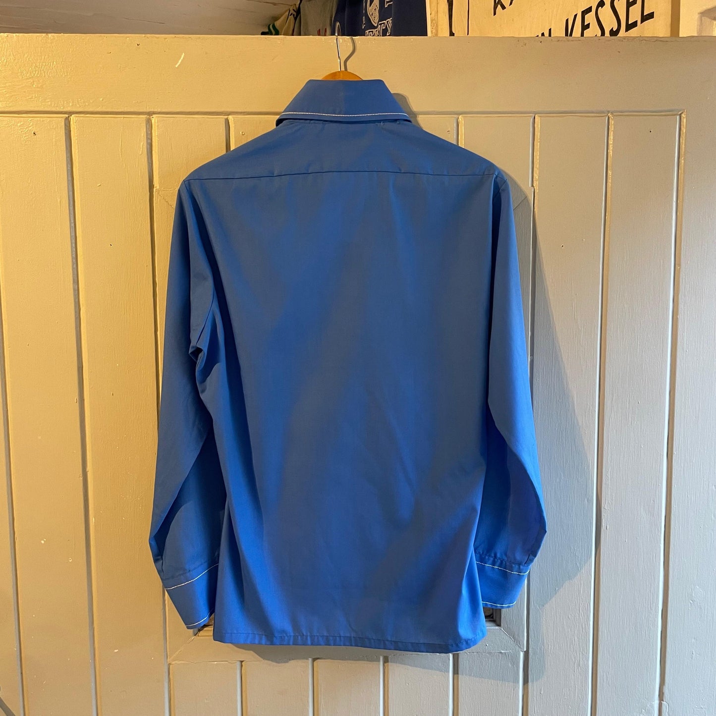 1970s Blue Cotton Dagger Collar Button Shirt