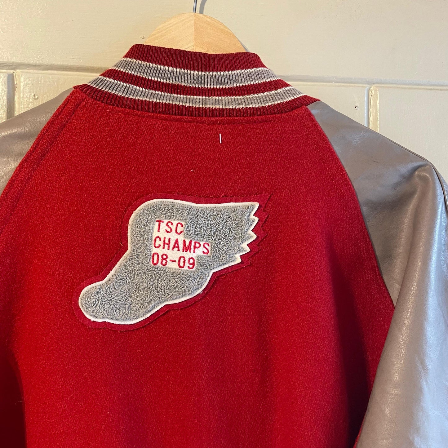 1980s Red and Grey Wool Leather Varsity Bomber Jacket