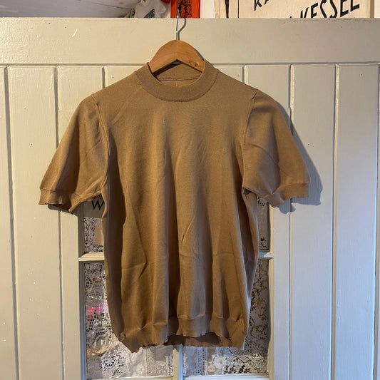 1970s Beige Italian Short Sleeved Knitted Mock Neck T-Shirt Top