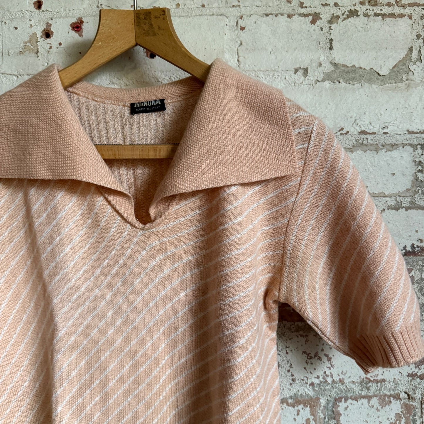 1970s Peach Italian Knitted Striped Polo Shirt Top