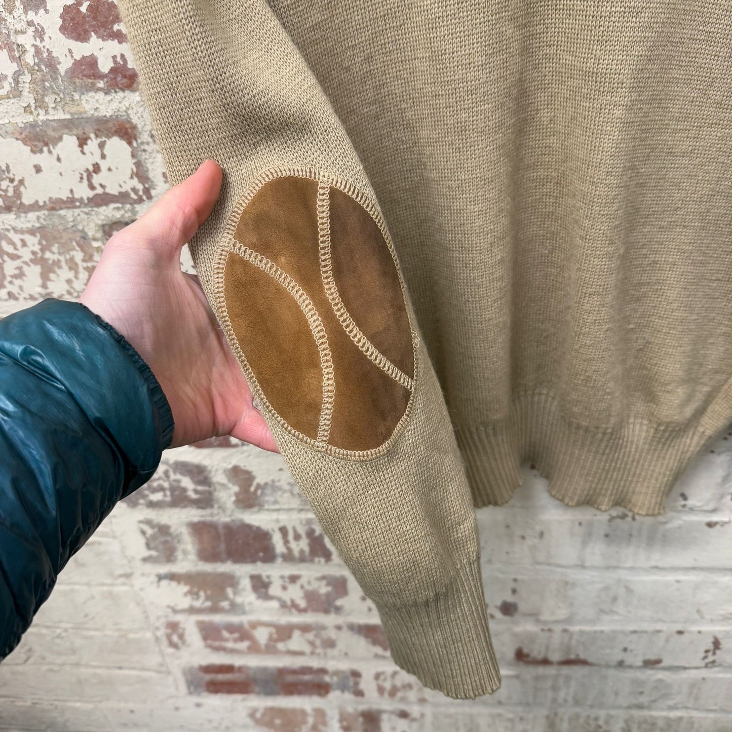 1970s Beige Italian Knitted Suede Zip Up Track Top Jumper