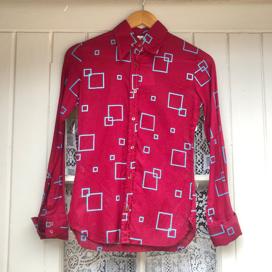 1970s Maroon Patterned Dagger Collar Shirt