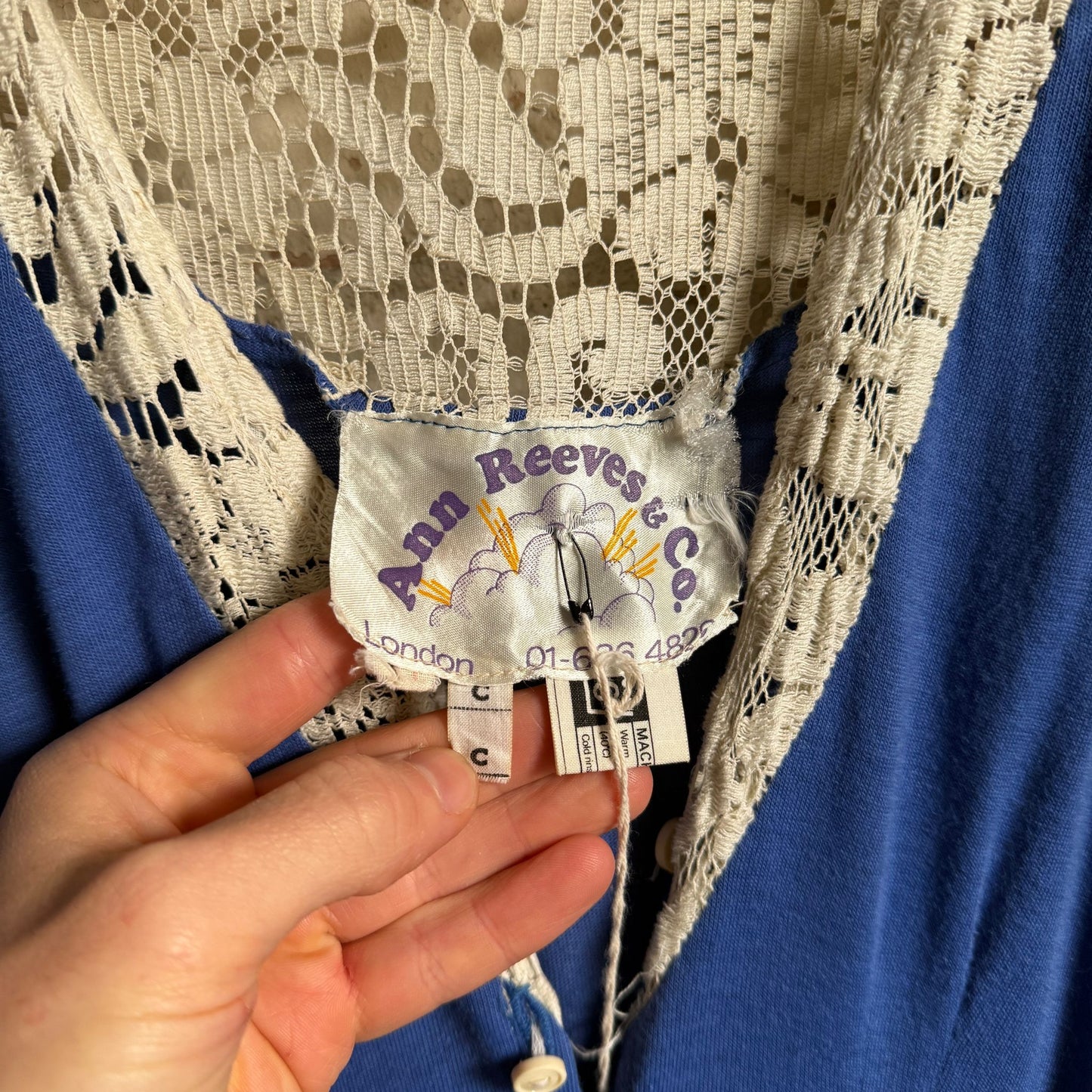 1970s Blue Ann Reeves Cotton Embroidered Button Long Dress