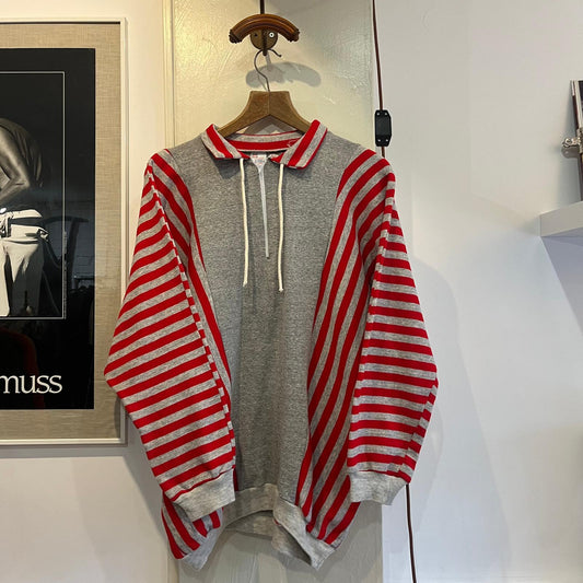 1980s Grey Red Striped Bat Wing Zip Sweatshirt Jumper
