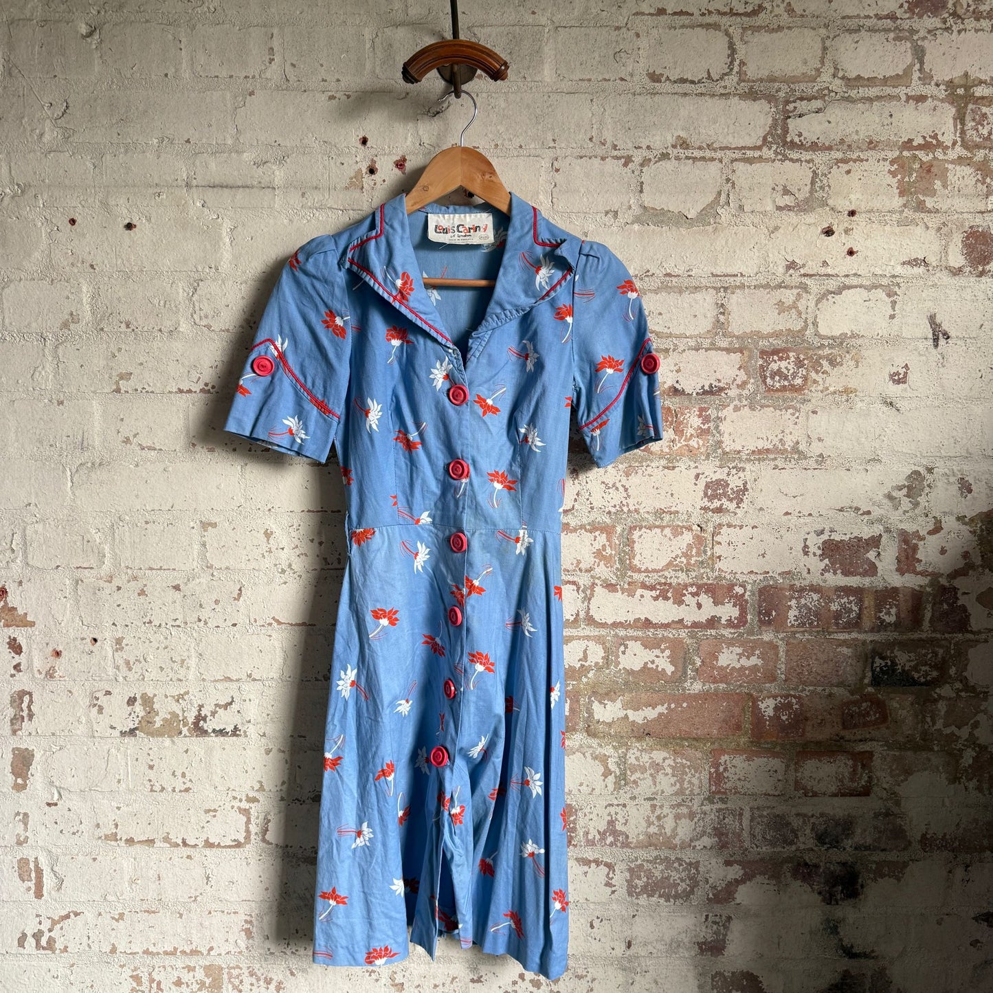 1970s Blue Louis Caring Red Floral Print Cotton Dress