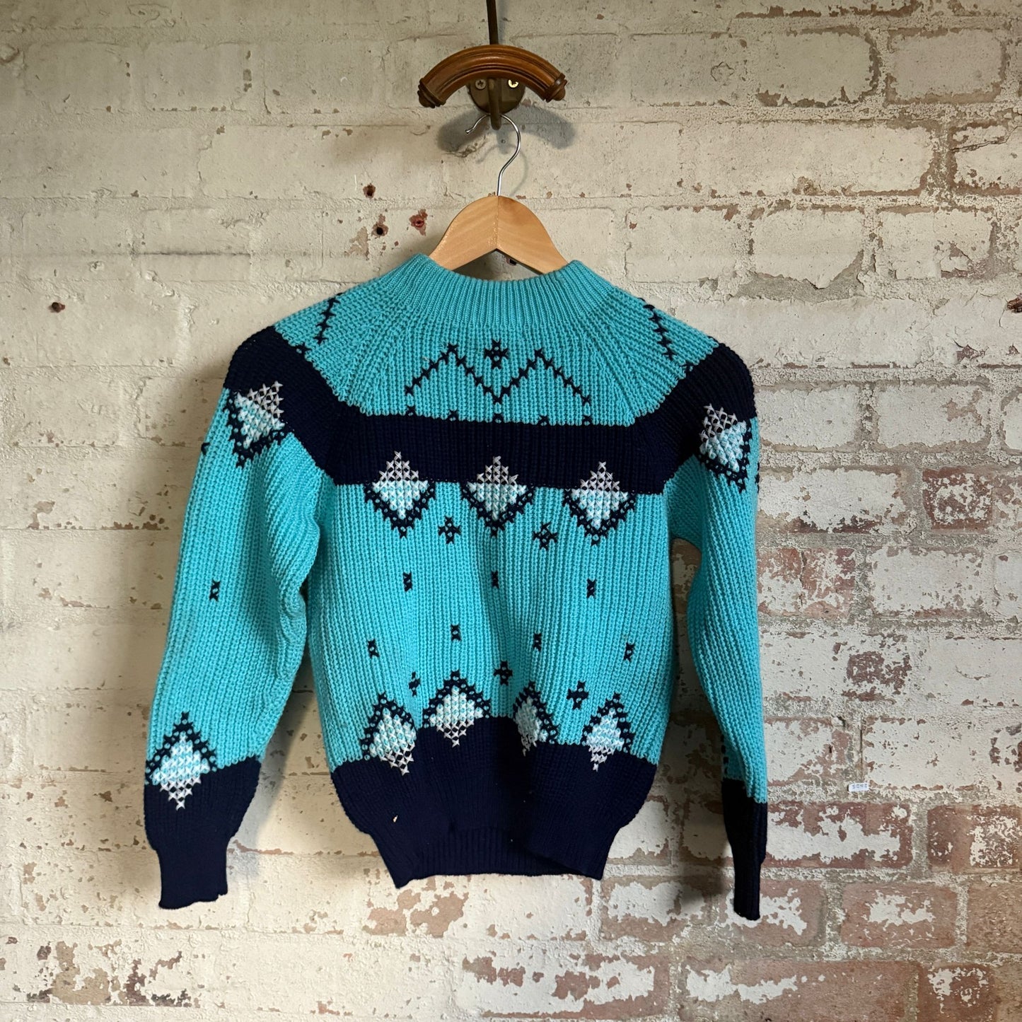 1960s Turquoise Knitted Patterned British Jumper
