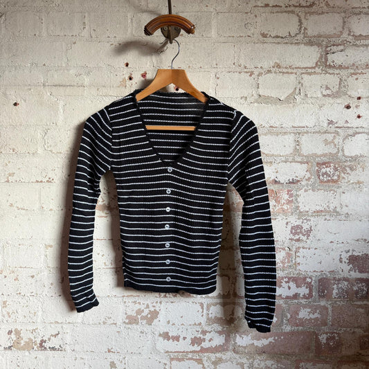 1980s Black Knitted Stripe Button Jumper