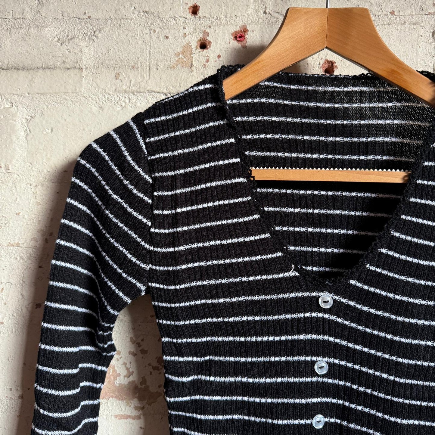 1980s Black Knitted Stripe Button Jumper