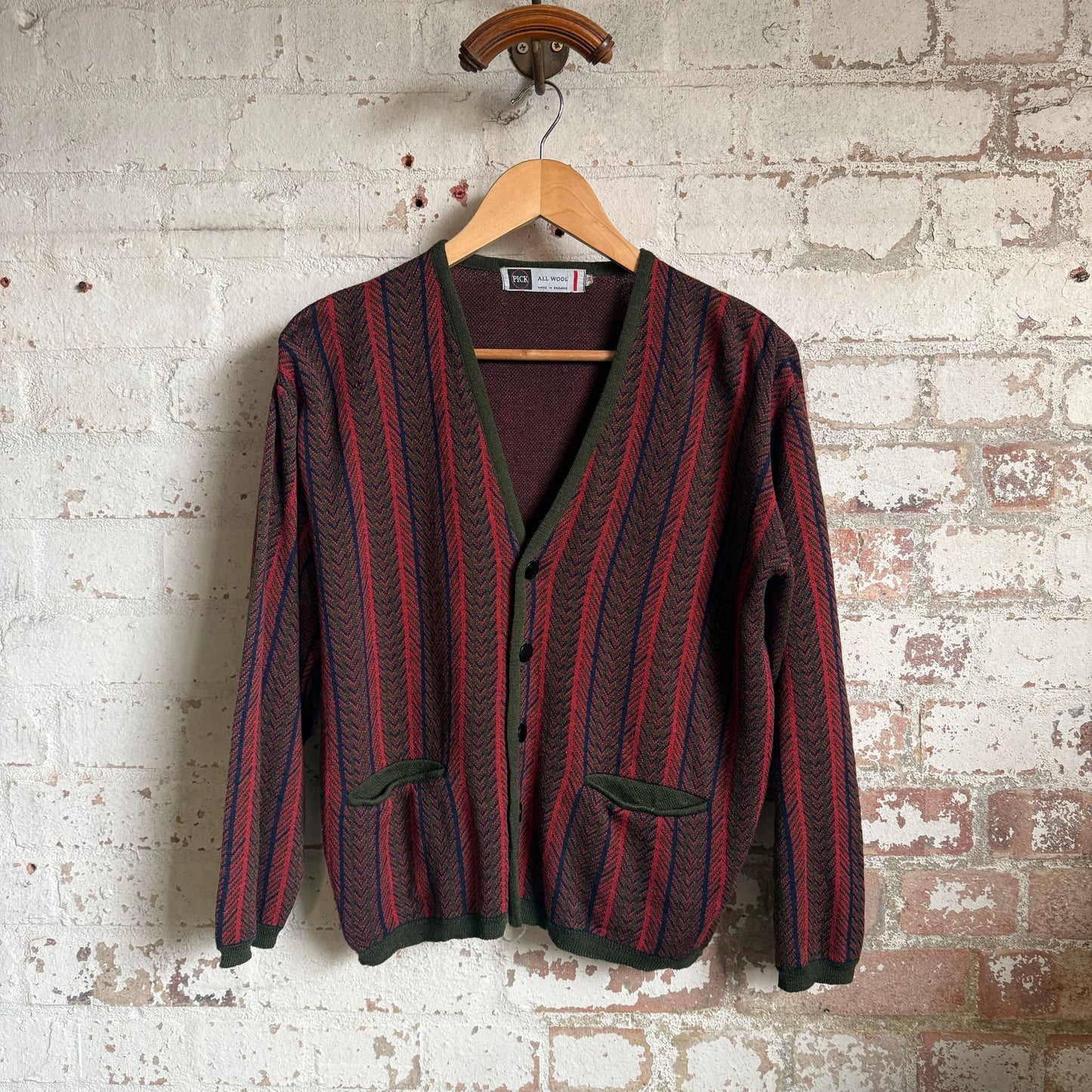 1950s British Striped Wool Knitted Cardigan Jumper