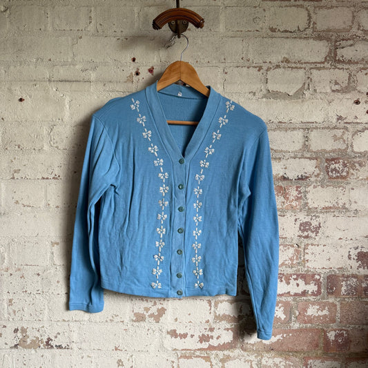 1970s Blue Flock Print Cardigan Jumper